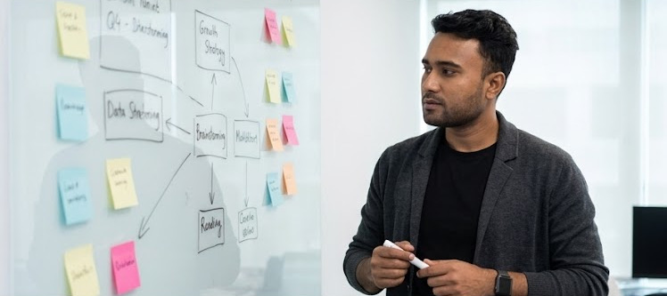 Sagor Mondol planning go-to-market strategy on a whiteboard